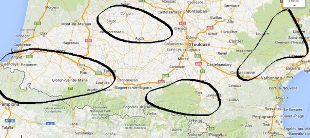 Map pf southern France showing approximate locations of our family's previous holidays near the Pyrenees