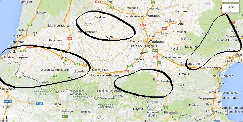 Map of southern France showing the approximate locations of our family's previous holidays near the Pyrenees