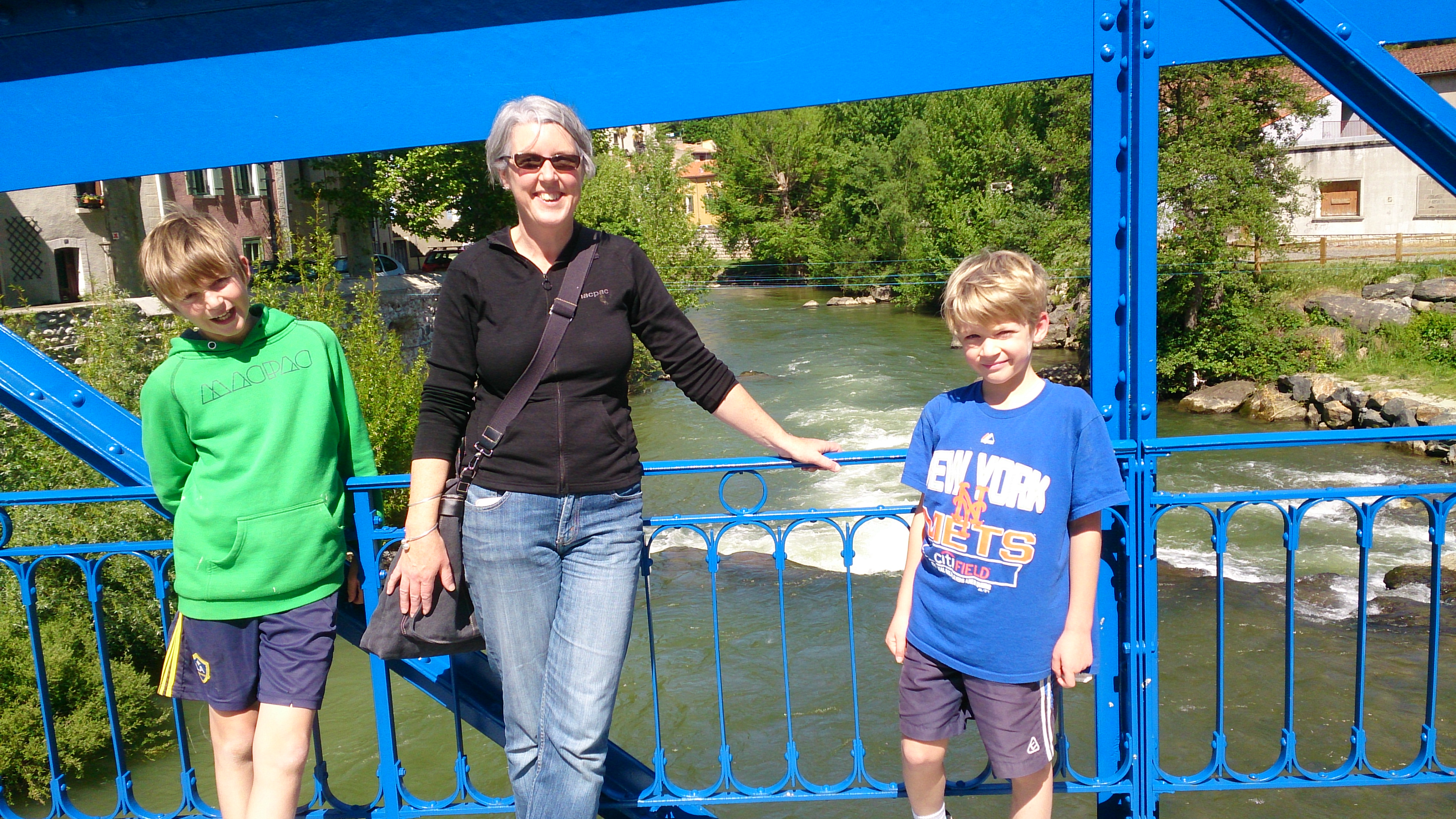 Oliver, Jen, Tomos on the Pont Suzanne in Quillan