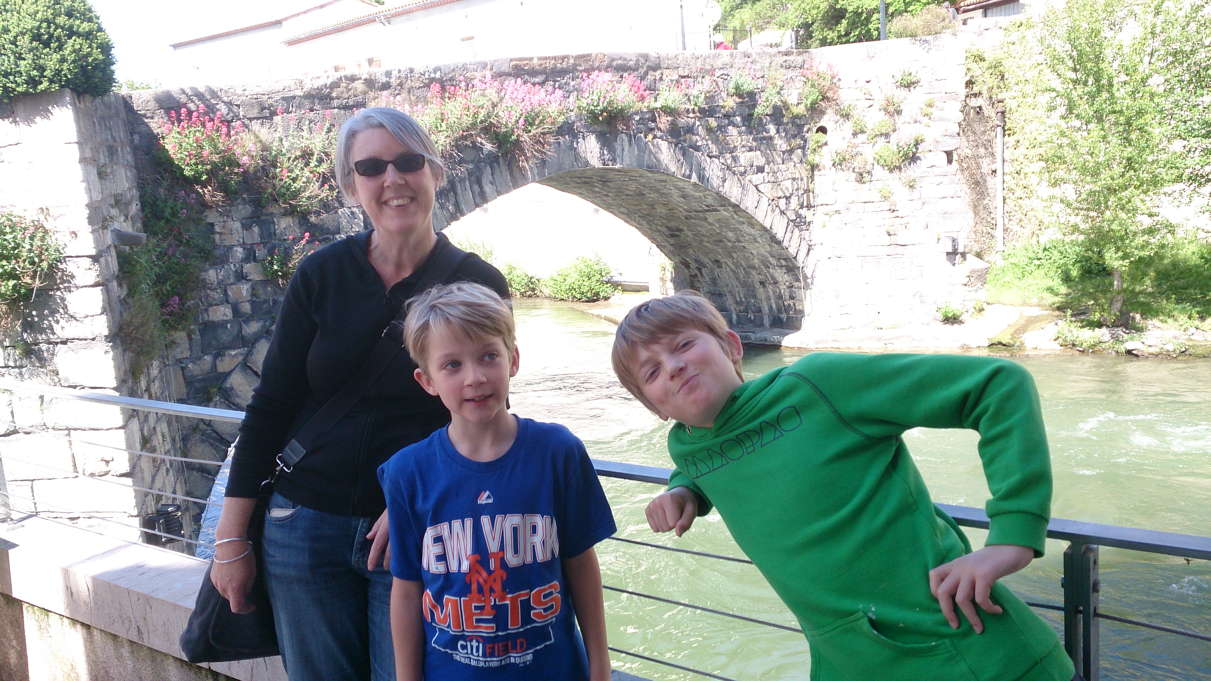 Jen, Ollie, Tom at the riverside Cafe Palace, Quillan